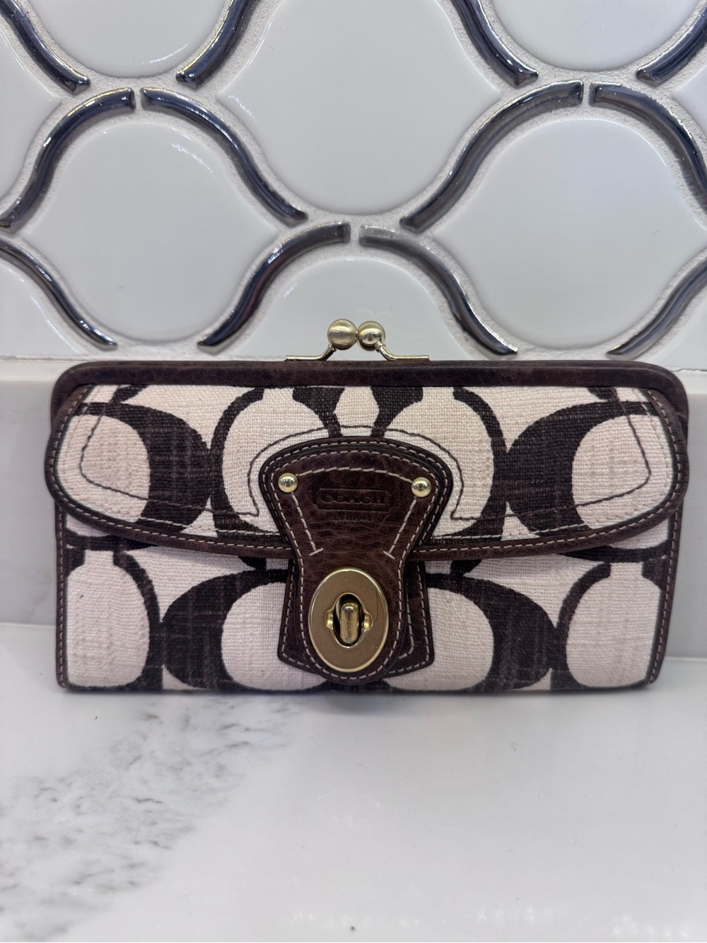Vintage Coach Canvas Wallet in Cream and Brown with Turn-Lock Trim